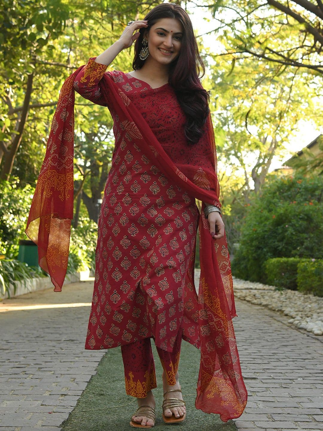 KALINI Ethnic Motifs Printed Printed Notch Neck Straight Kurta With Trousers & Dupatta - view 1