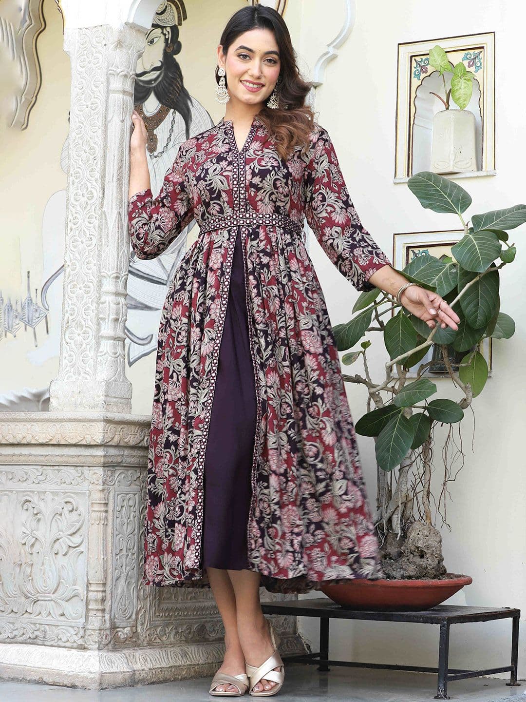 KALINI Floral Printed V-Neck Mirror Work Anarkali Kurta - view 1