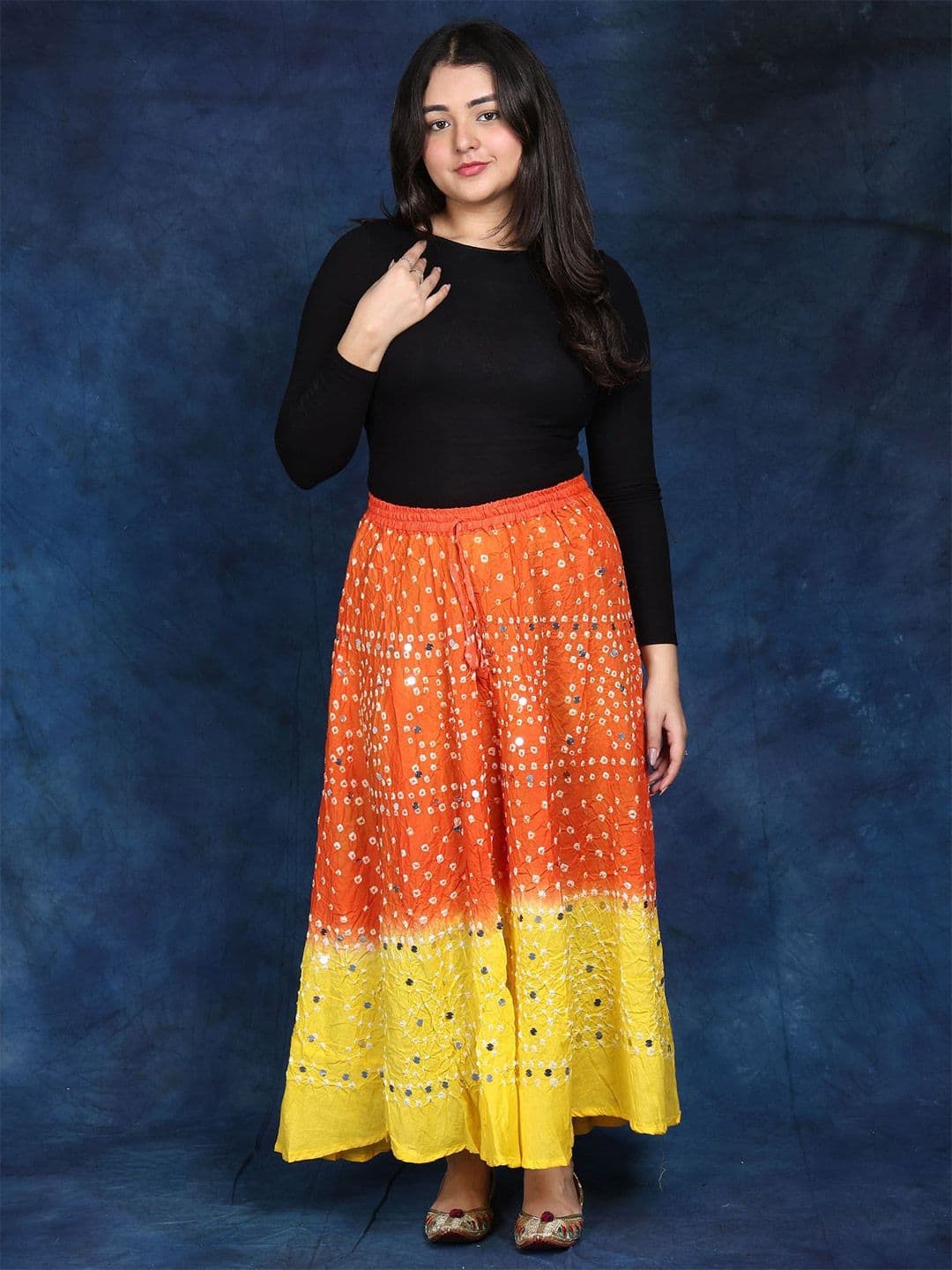 Exotic India Paprika And Lemon Bandhani Tie-Dye Pure Cotton Skirt with Large Sequins - view 1