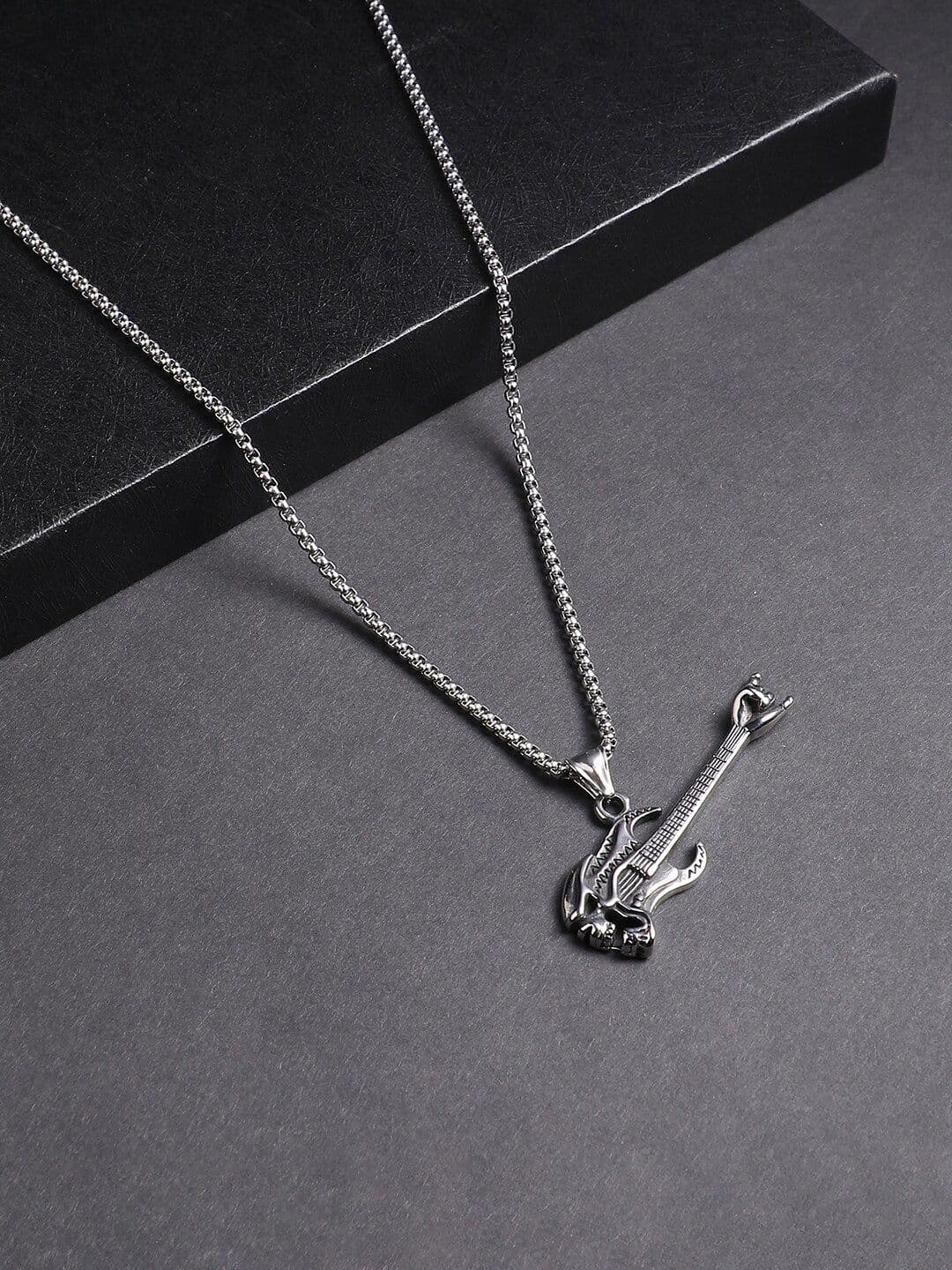 French Accent Silver-Plated Guitar-Shaped Pendant With Chain - view 1