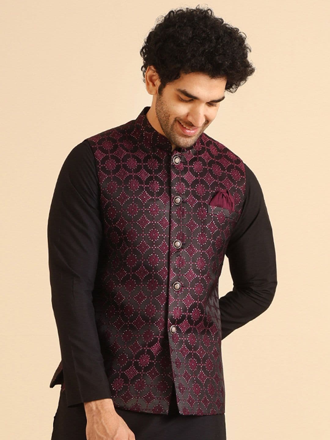 KISAH Men Textured Zari Regular Fit Nehru Jacket - view 1