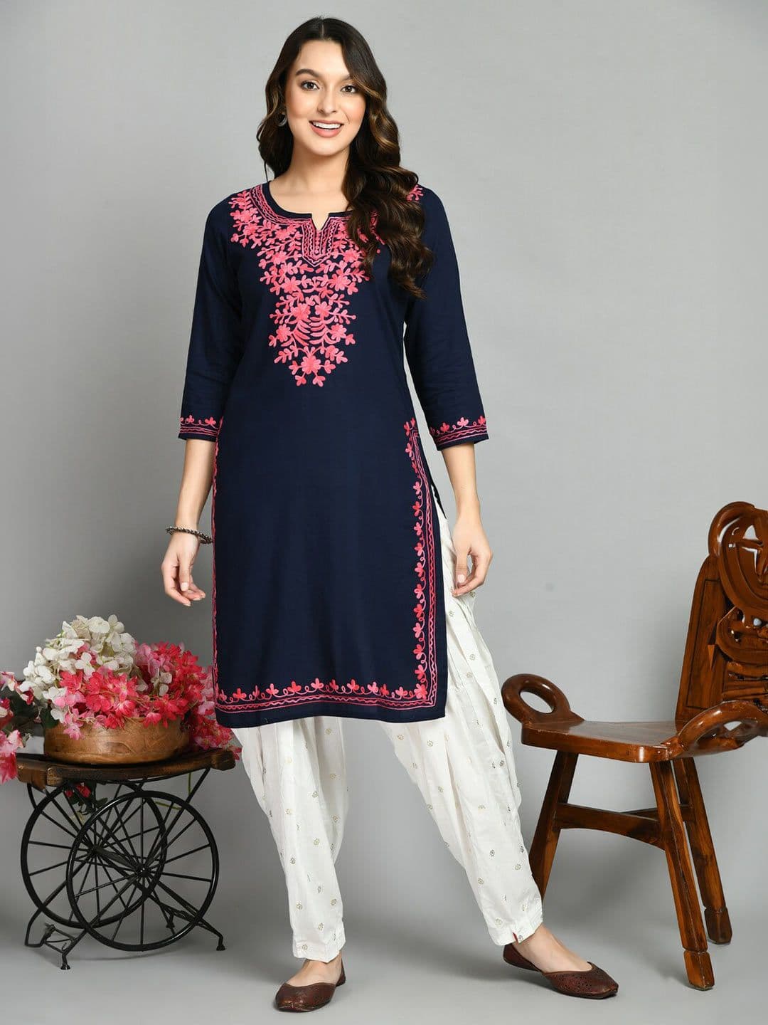 QAZMI Floral Aari Work Viscose Rayon Keyhole Neck Straight Kurta - view 1