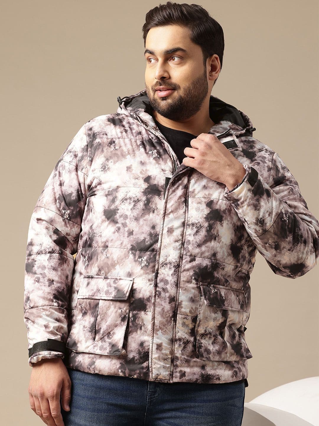 Sztori Plus Size Tie and Dye Printed Hooded Padded Jacket - view 1