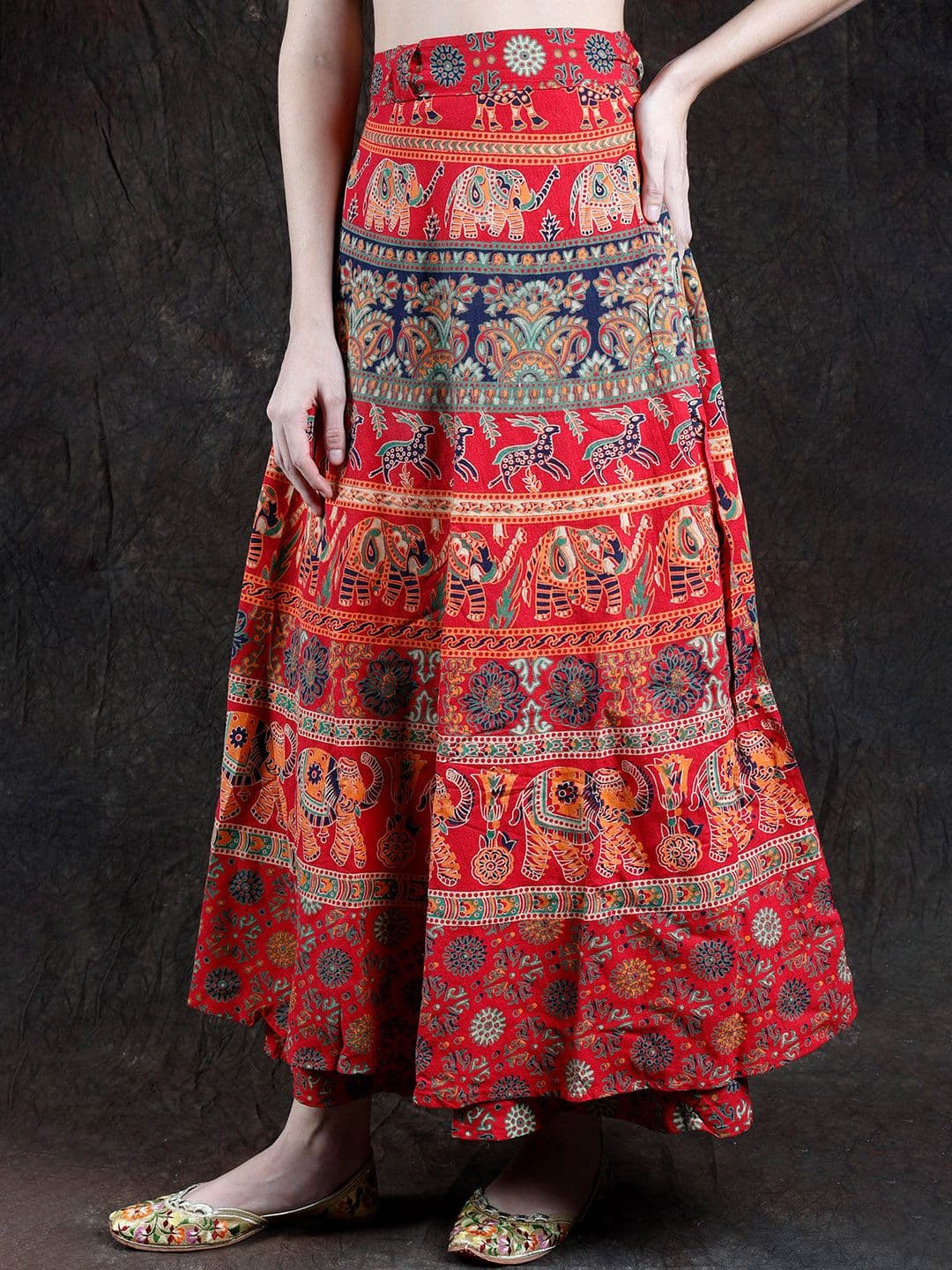 Exotic India Rococco-Red-Wrap-Around Long Skirt with Printed Elephants and Deer - view 1