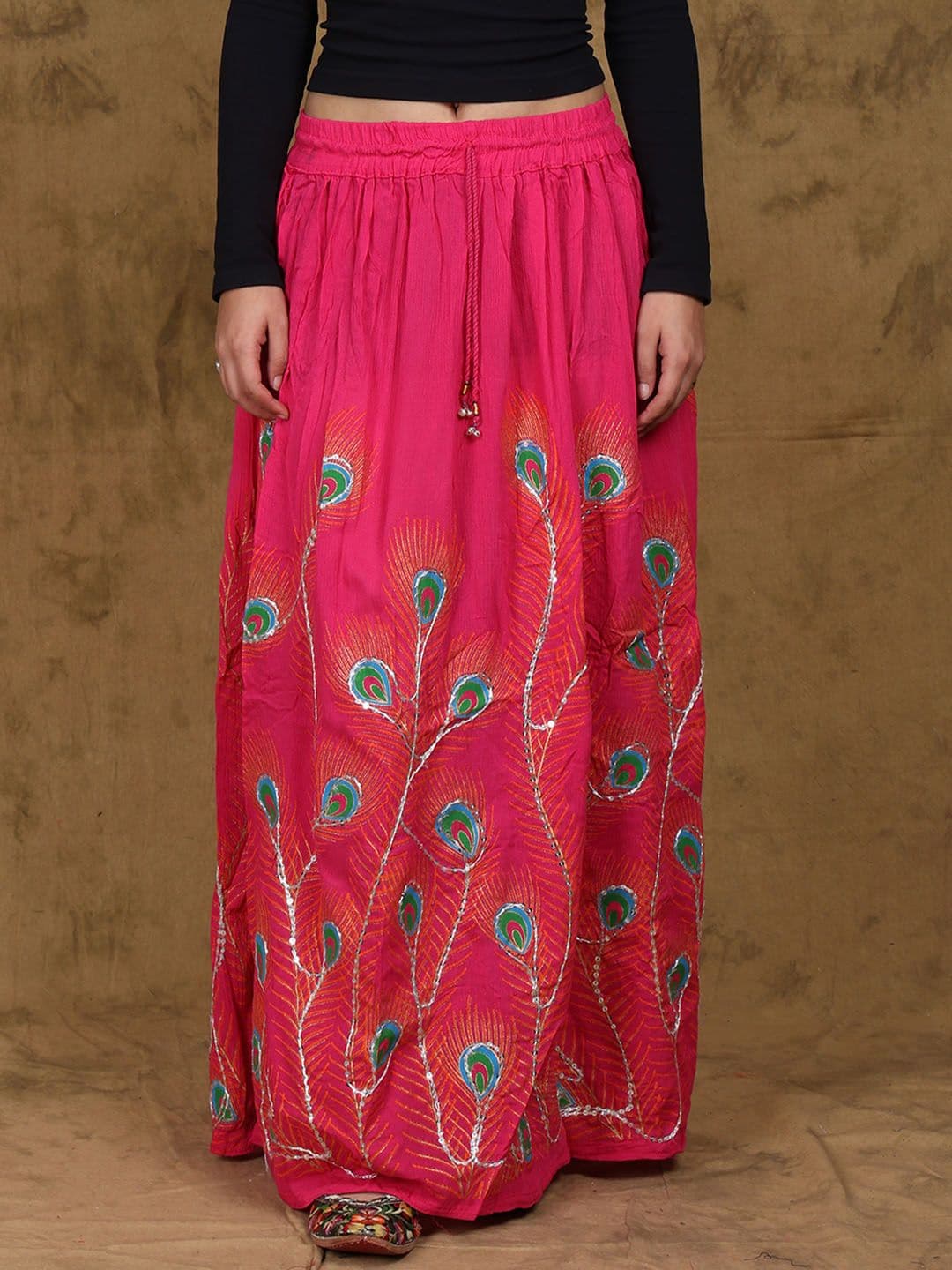 Exotic India Magenta-Long Skirt with Printed Peacock Feather and Embroidered Sequins - view 1