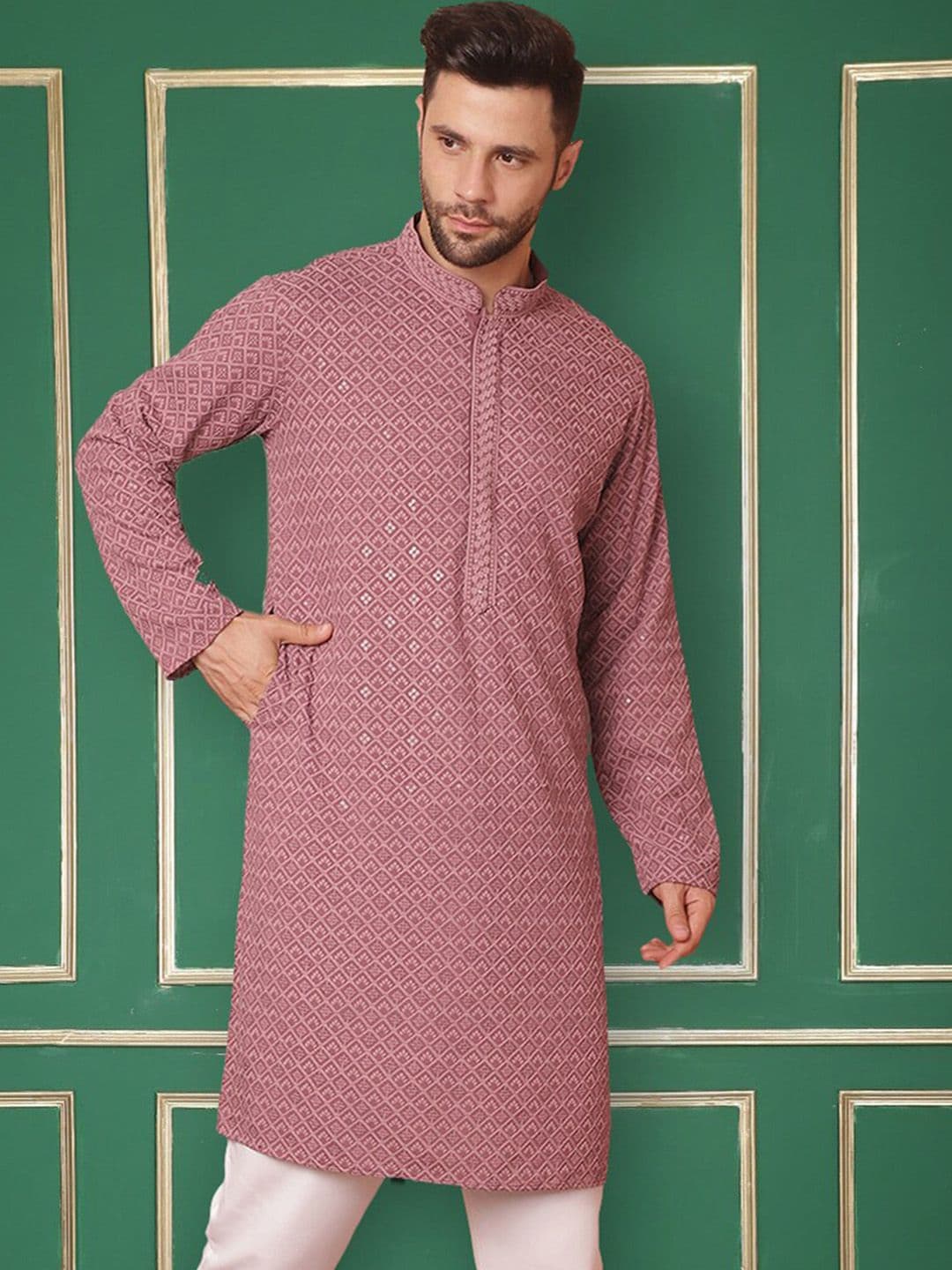 Jompers Geometric Embroidered Mandarin Collar Sequins Straight Kurta - view 1