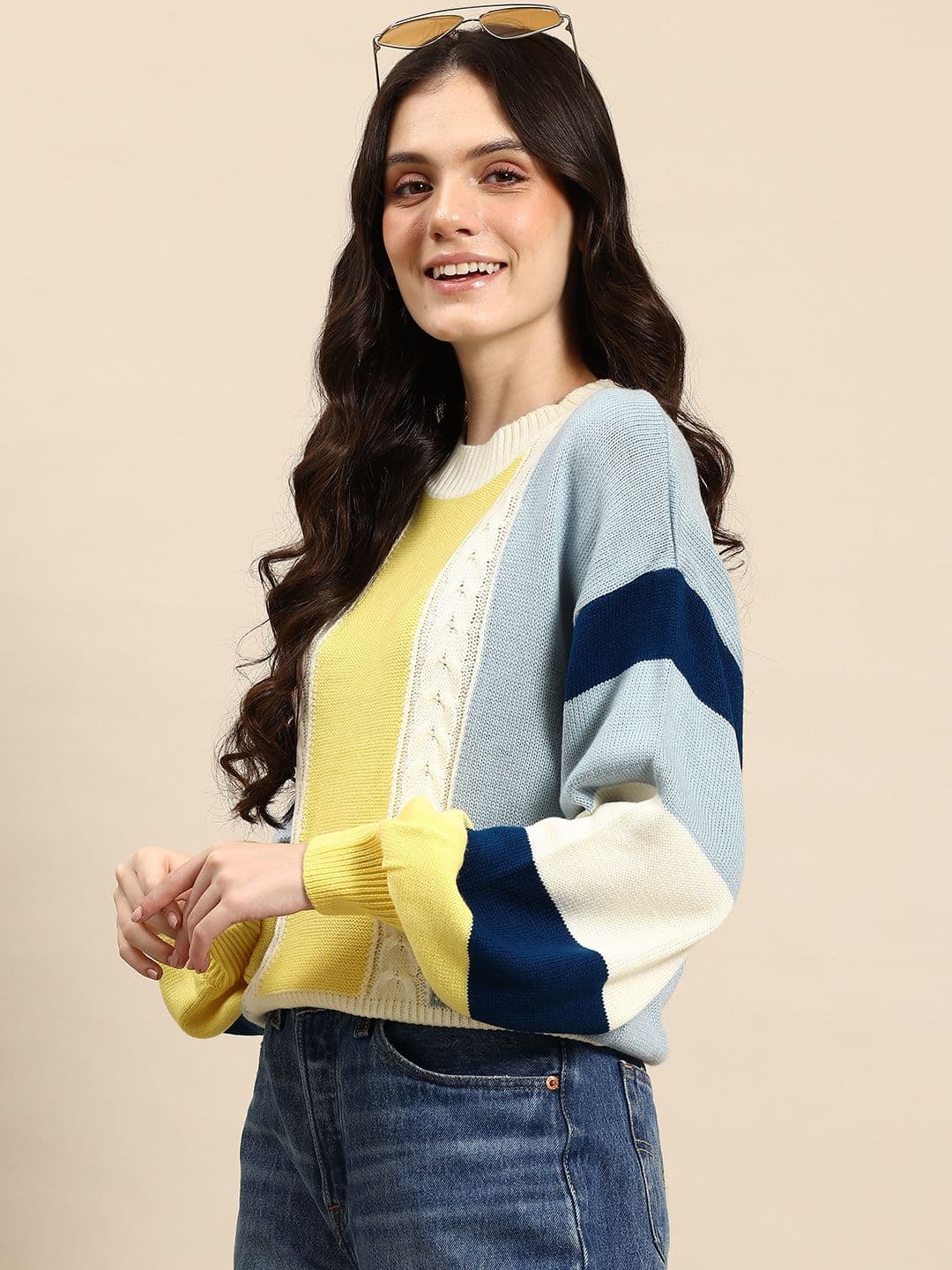 Mast & Harbour Colourblocked Cable Knit Pullover - view 1