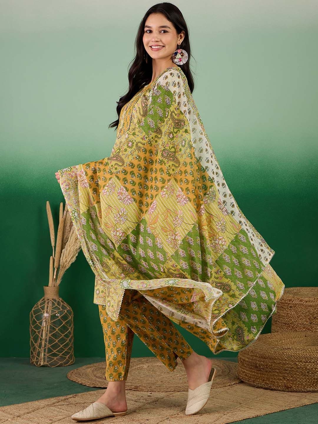 Sangria X fwd Floral Printed Pure Cotton Round Neck Straight Kurta With Trousers & Dupatta - view 1