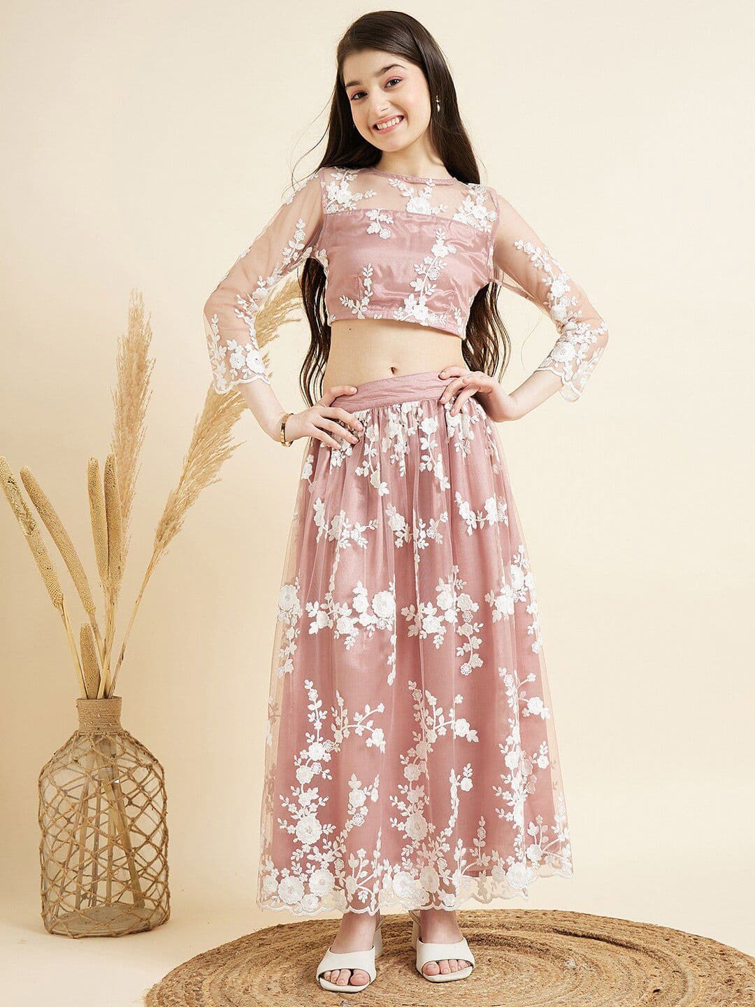 Cherry & Jerry Girls Floral Embroidered Ready To Wear Lehenga With Blouse - view 1