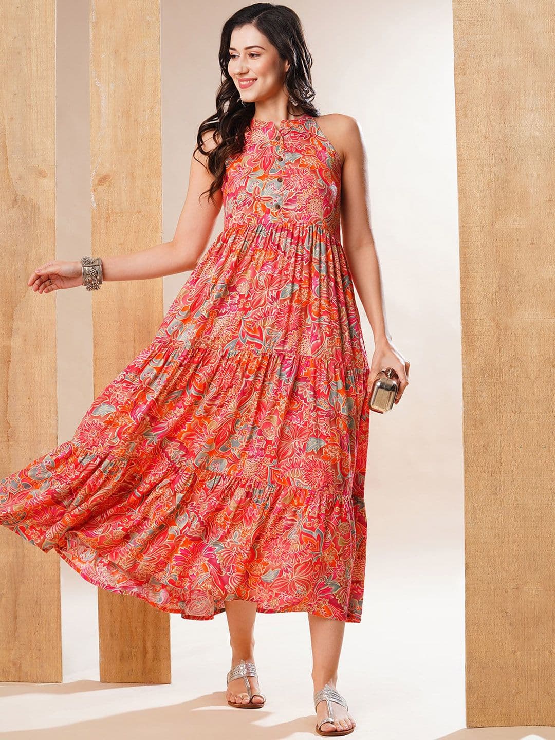 Globus Women Multi Halter Neck Allover Floral Print Tiered Fit & Flare Fusion Maxi A-Line Dress - view 1