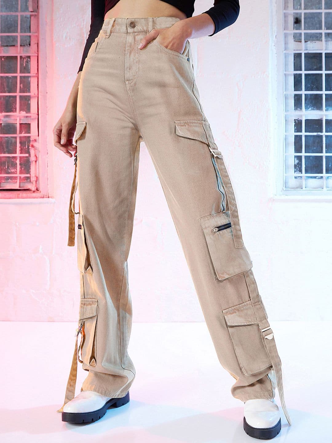 SASSAFRAS Women Beige Straight Fit High-Rise Acid Wash Pure Cotton Cargo Jeans - view 1