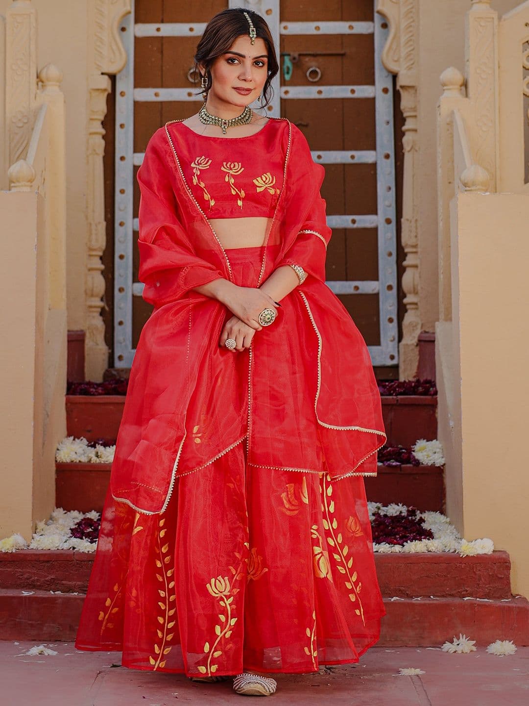 Thread & Button Hand Painted Ready to Wear Organza Lehenga Blouse With Dupatta - view 1