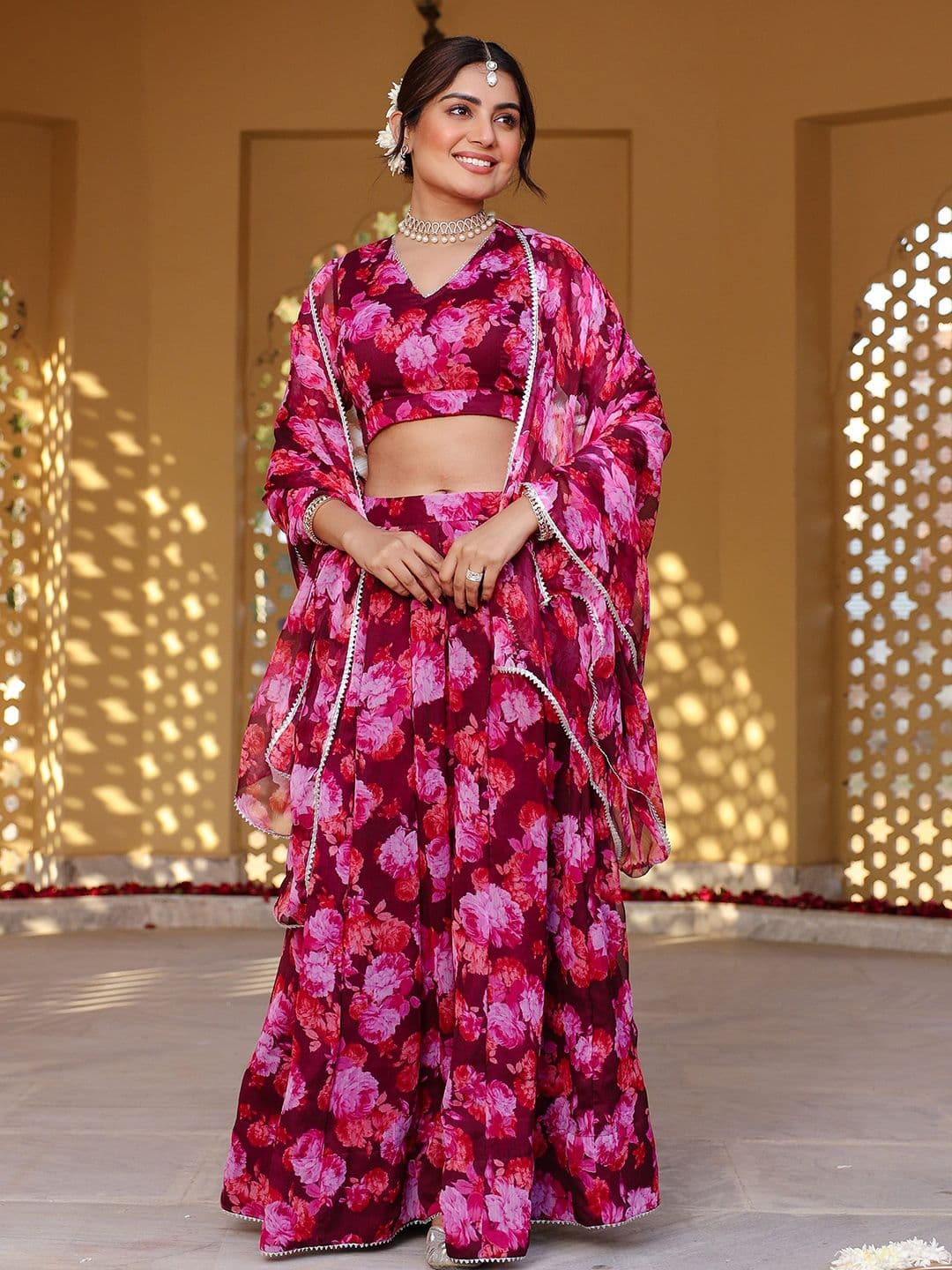Thread & Button Floral Printed Ready to Wear Lehenga Blouse With Dupatta - view 1
