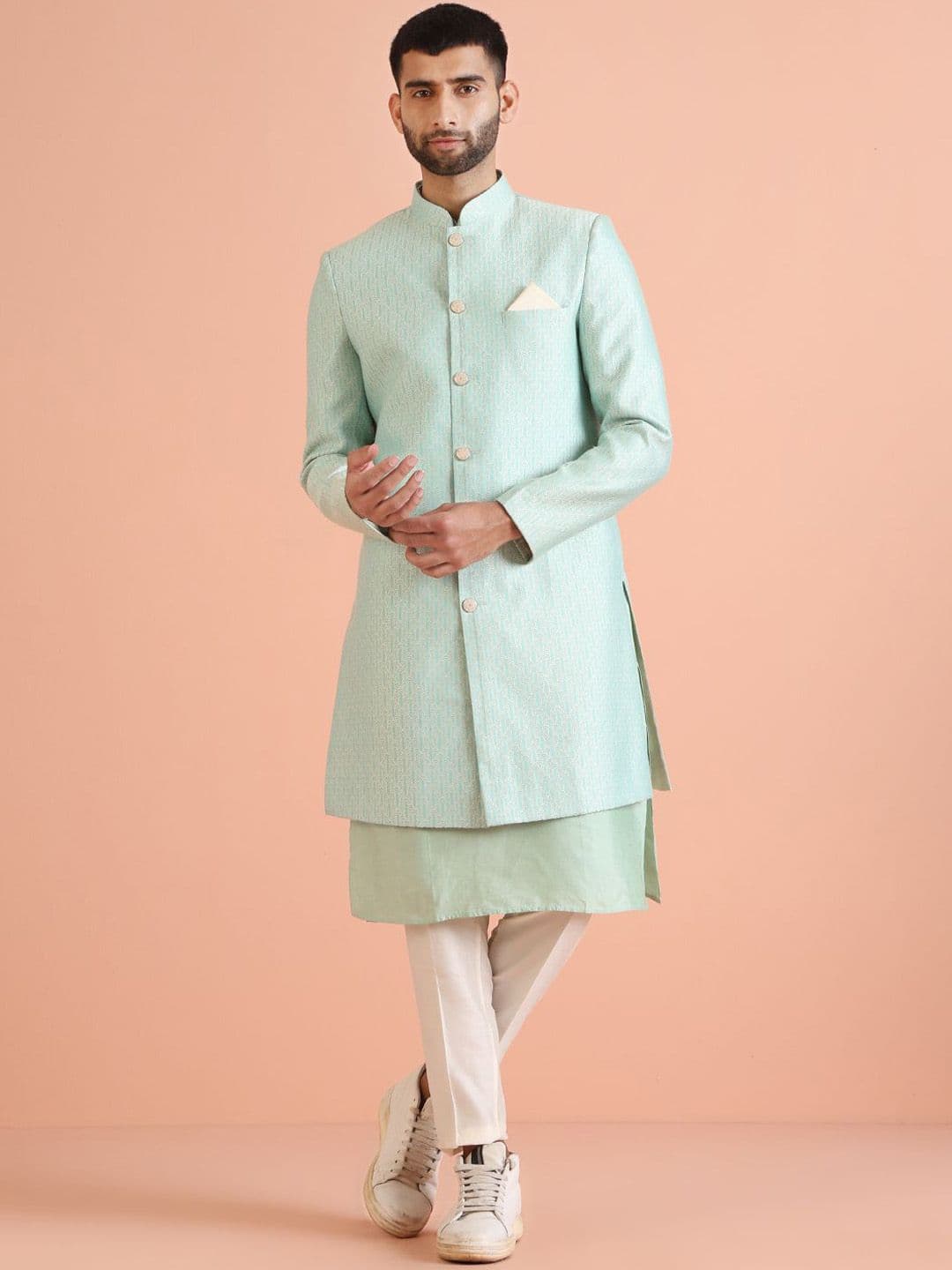 KISAH Men Embroidered Mandarin Collar Indowestern Sherwani Set - view 1