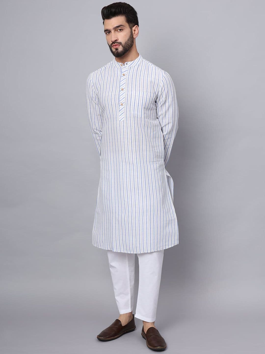 Latest Chikan Garments Striped Mandarin Collar Long Sleeves Cotton Kurta - view 1
