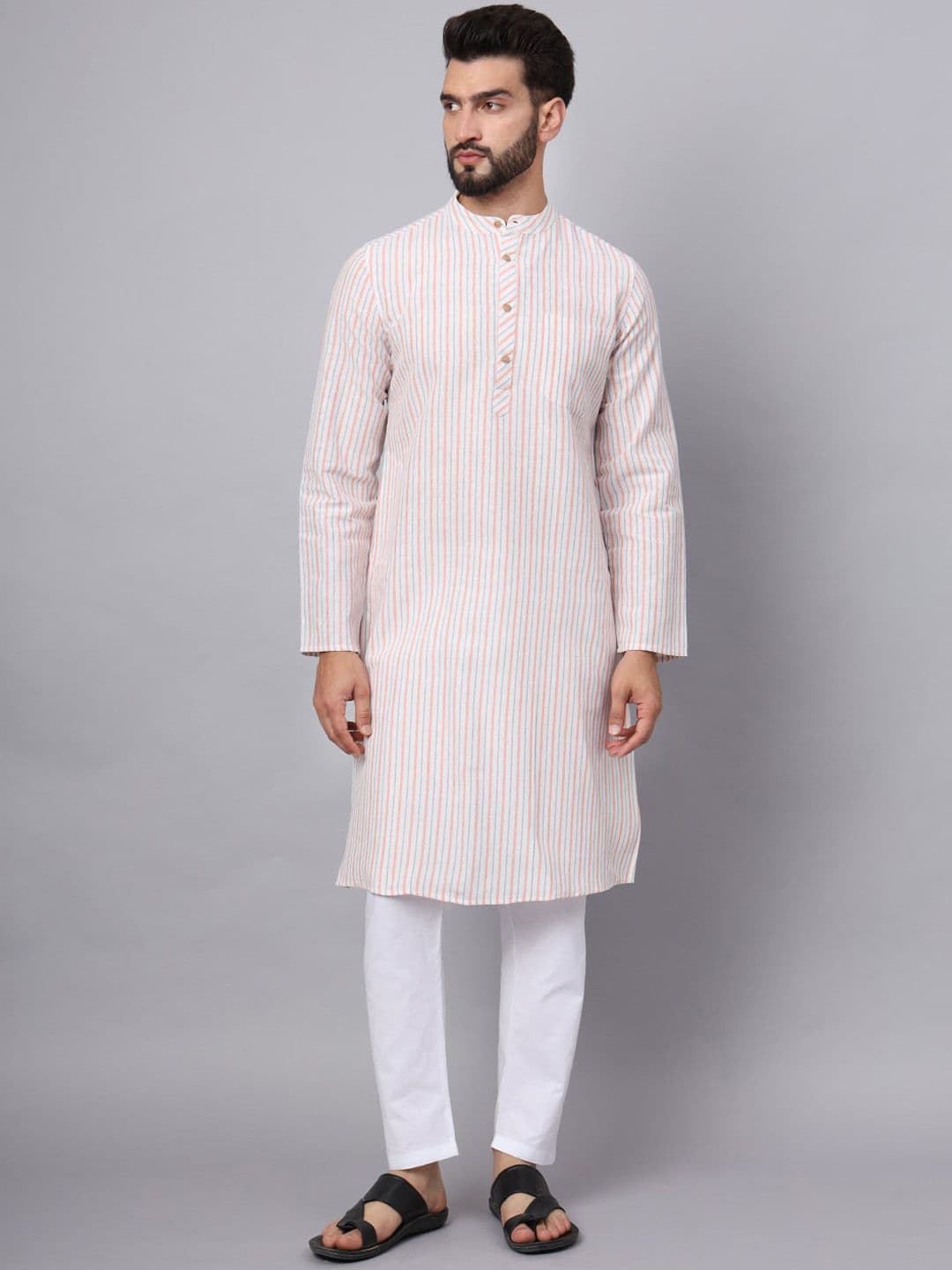 Latest Chikan Garments Striped Mandarin Collar Straight Kurta - view 1