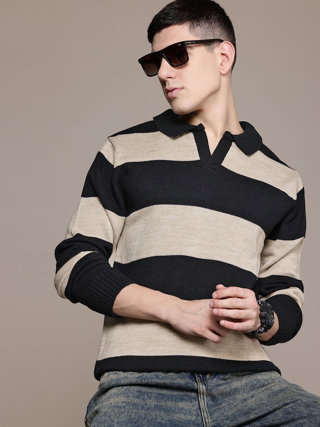 The Roadster Lifestyle Co. Spread Collar Acrylic Striped Pullover - view 1