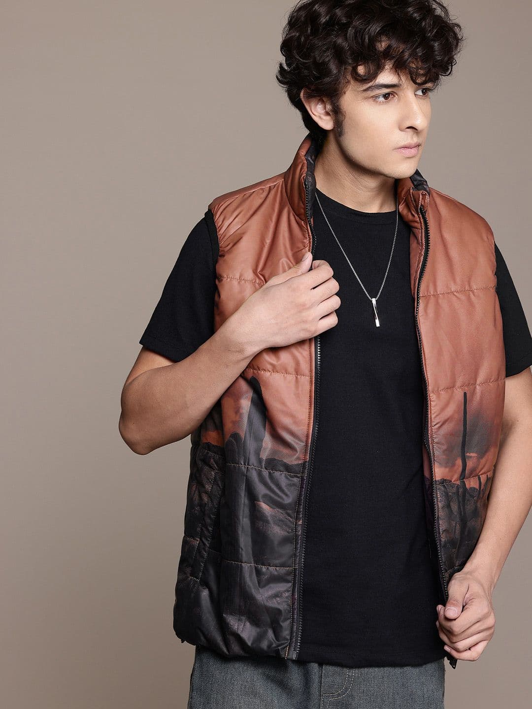 The Roadster Life Co. Stand Collar Sleeveless Graphic Printed Padded Jacket - view 1