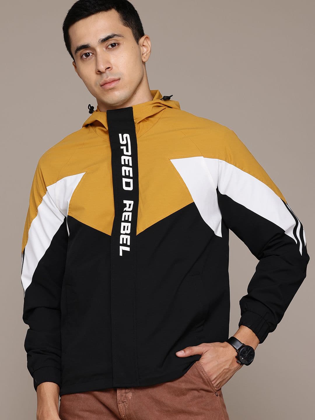 Roadster The Lifestyle Co. Colorblocked Typography Print Tailored Hooded Jacket - view 1