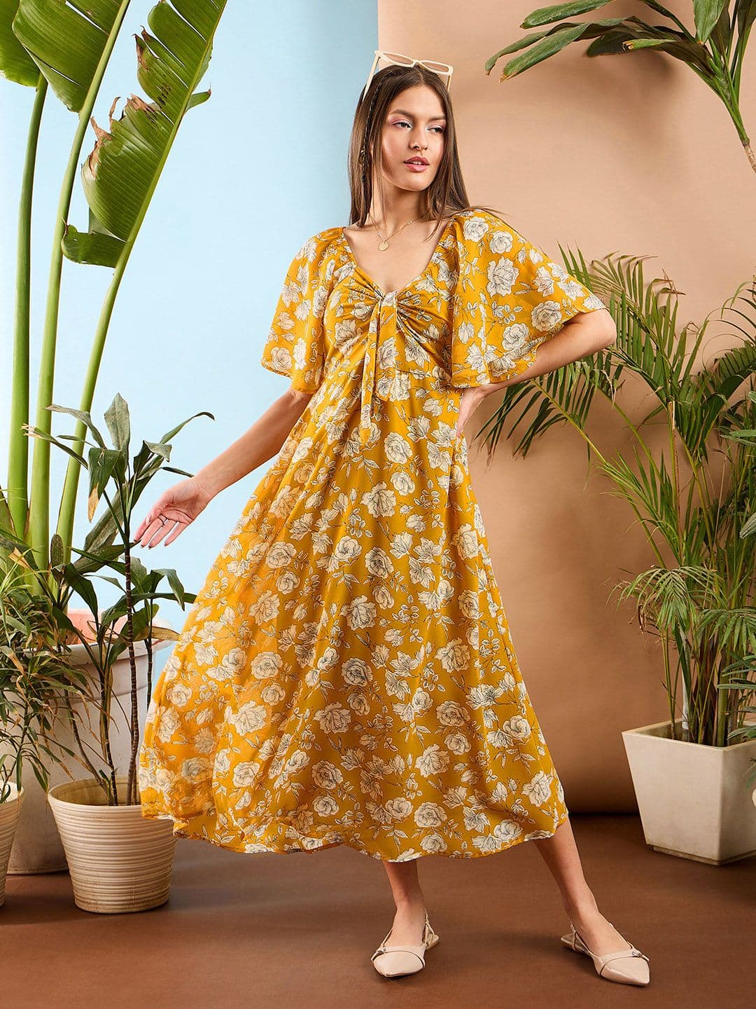 SASSAFRAS Floral Printed Flared Sleeve Front Tie Up Fit & Flare Midi Dress - view 1