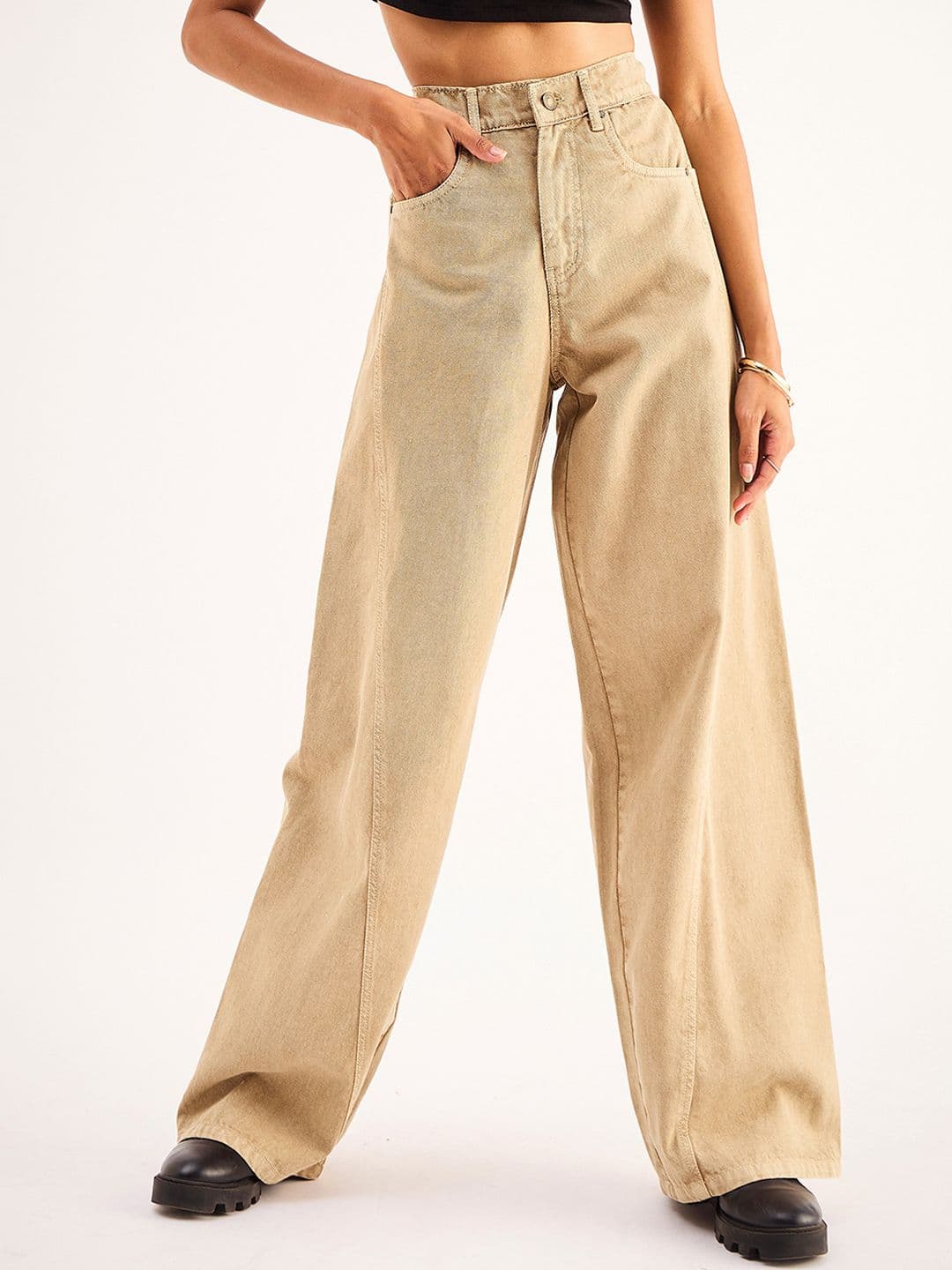 SASSAFRAS BASICS Women Clean Look Wide Leg High-Rise Acid Wash Pure Cotton Jeans - view 1
