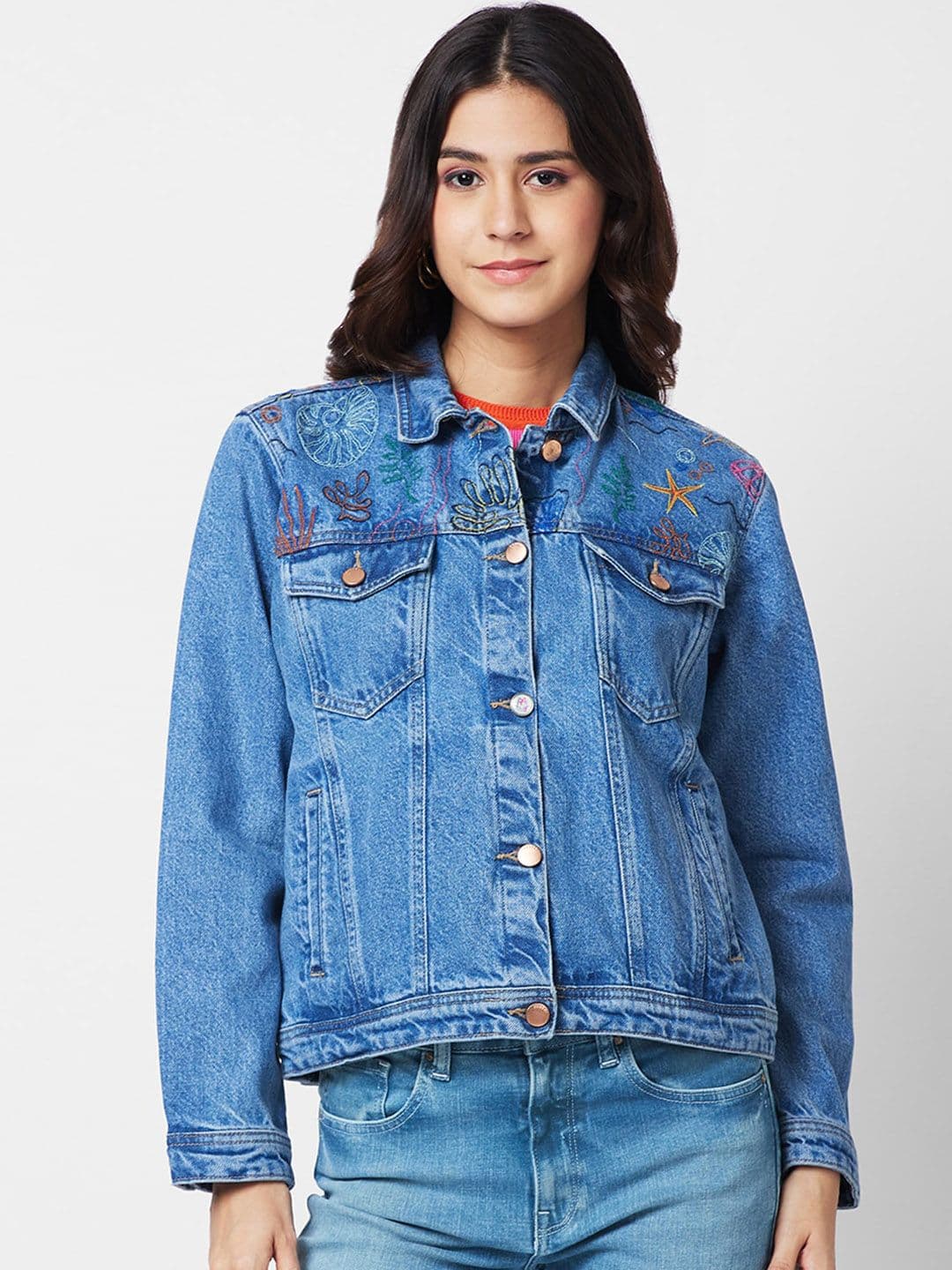 SPYKAR Washed Cotton Denim Jacket with Embroidered - view 1