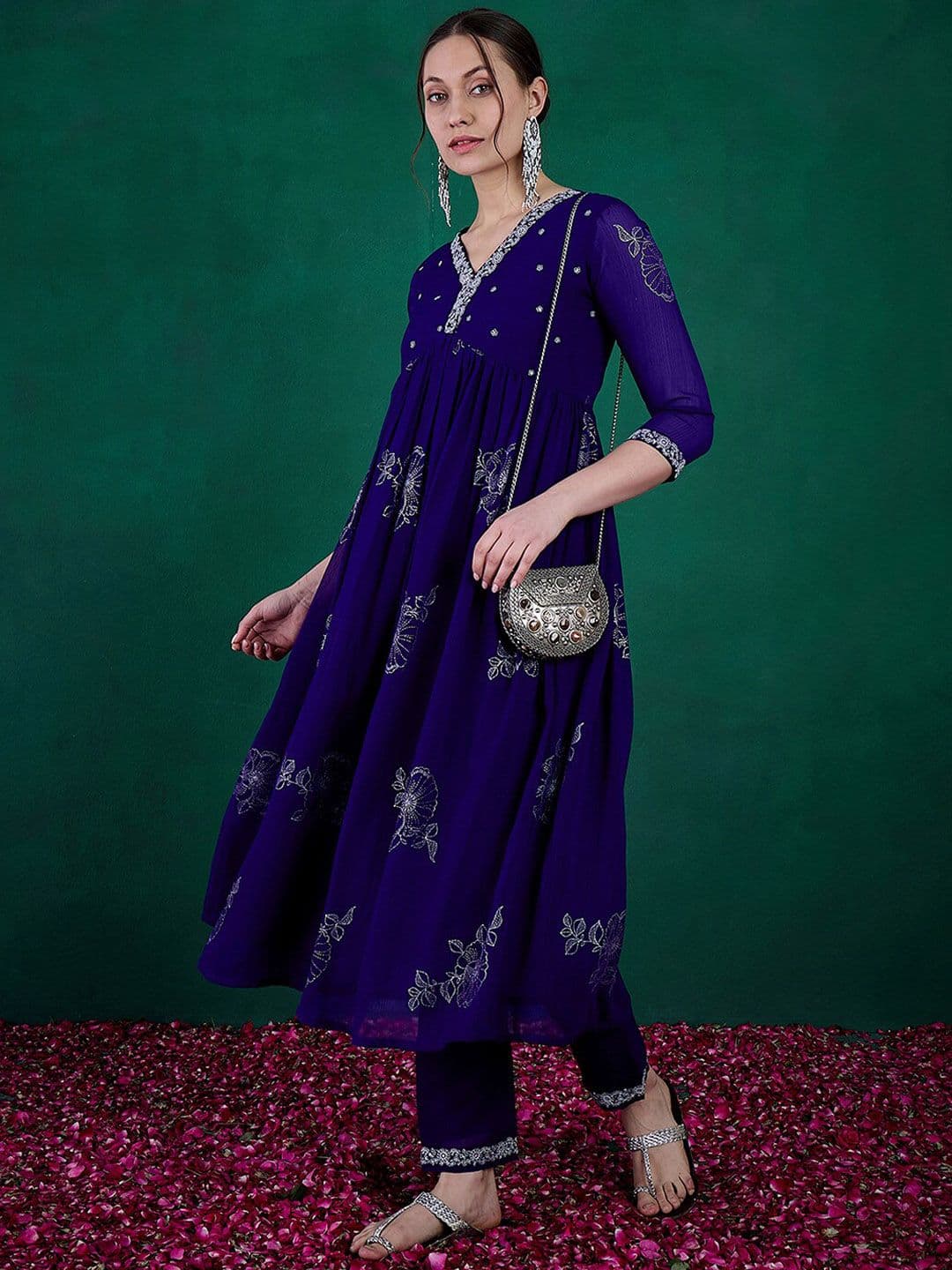 Sangria Floral Printed Embroidered Anarkali Kurta With Trouser - view 1