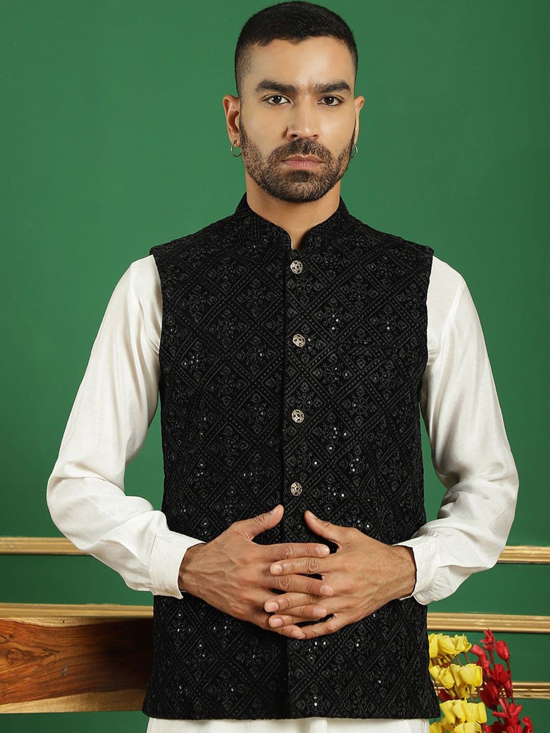Jompers Embroidered Mandarin Collar Nehru Jackets - view 1