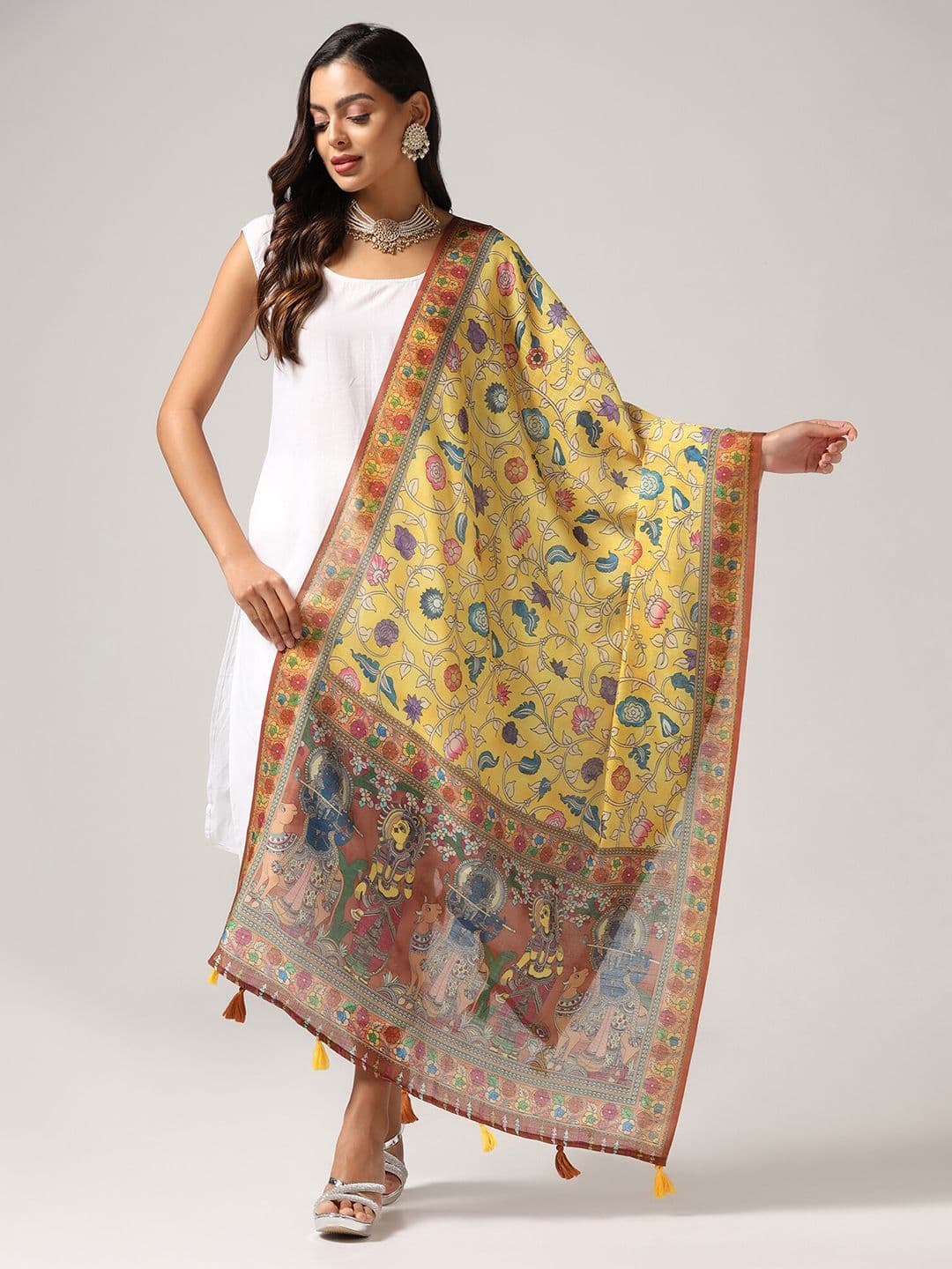 Kaizen TEXO FAB Floral Printed Linen Kalamkari Dupatta - view 1