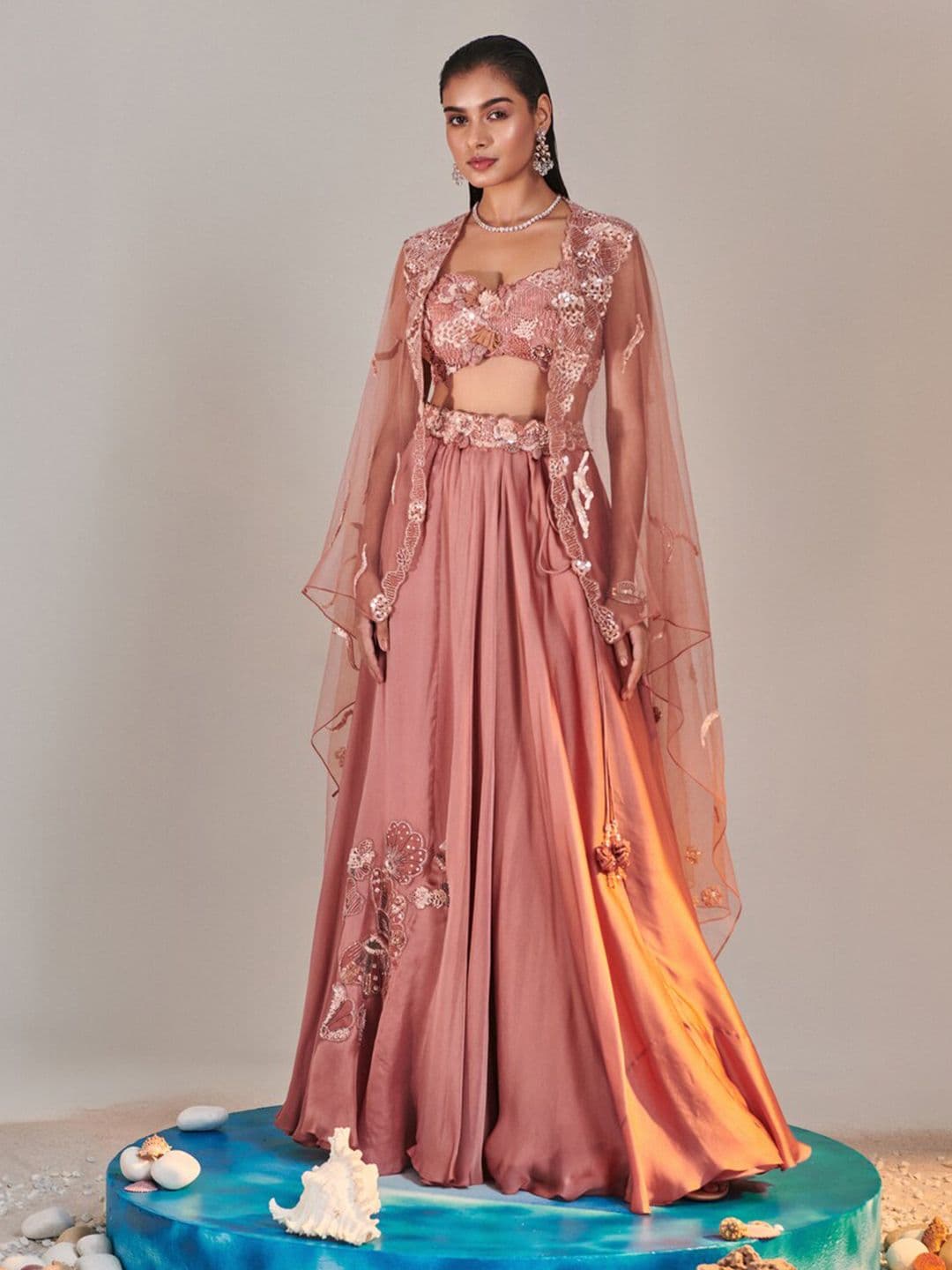 ONE KNOT ONE Embellished Beads and Stones Made to Measure Lehenga With Blouse & Cape Set - view 1