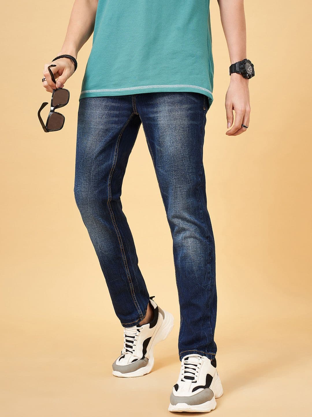 SF JEANS by Pantaloons Men Slim Fit Mildly Distressed Light Fade Jeans - view 1