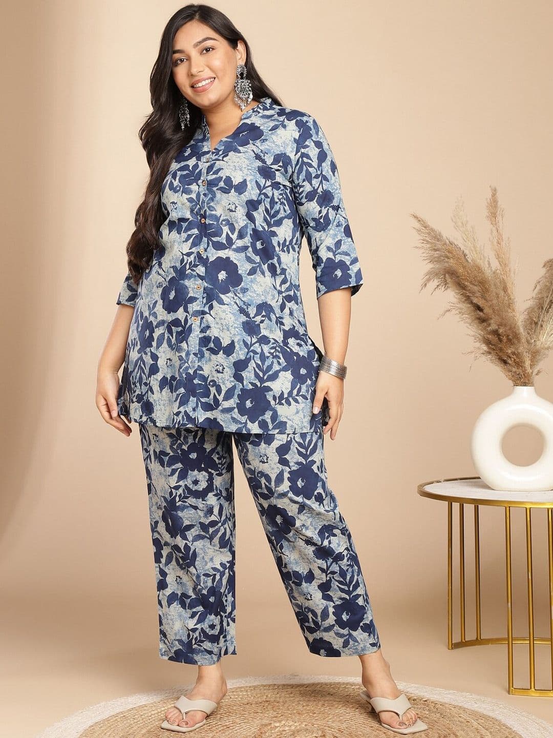 Janasya Plus Size Indigo Floral Printed V-Neck Shirt With Trousers Cotton A-Line Co-Ord Set - view 1