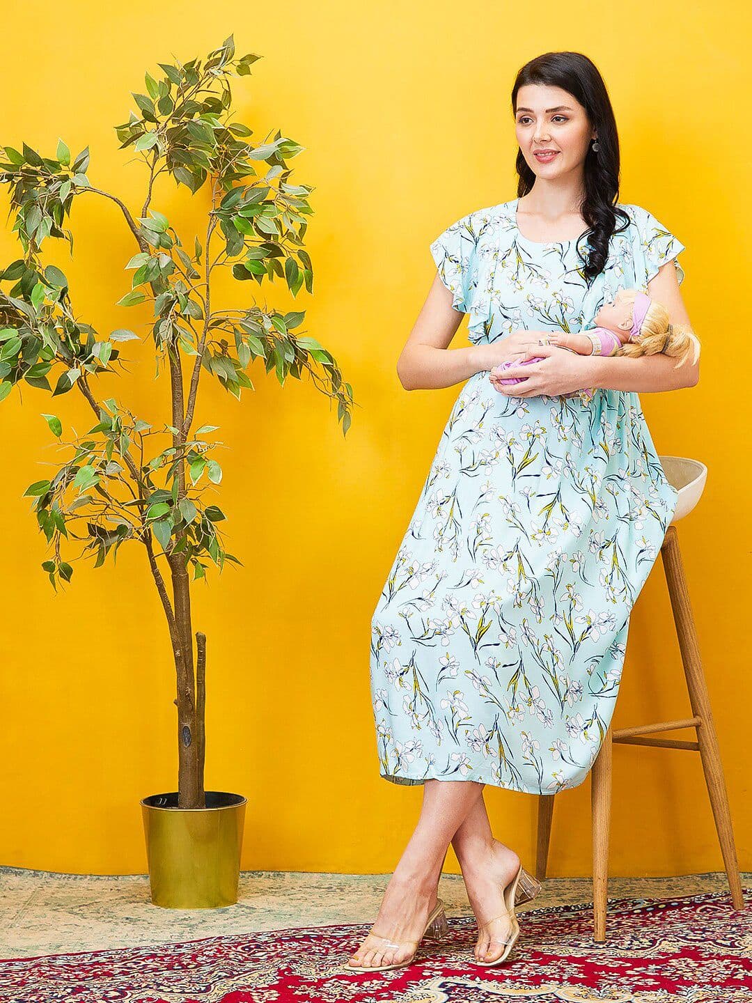 AV2 Floral Printed Flutter Sleeves Maternity Fit And Flare Ethnic Dress - view 1