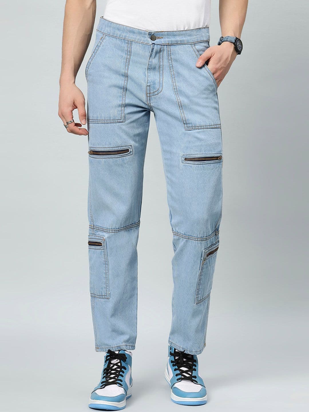 ARBIA FUNKI Men Mid-Rise Light Shade Clean Look Cotton Cargo Jeans - view 1
