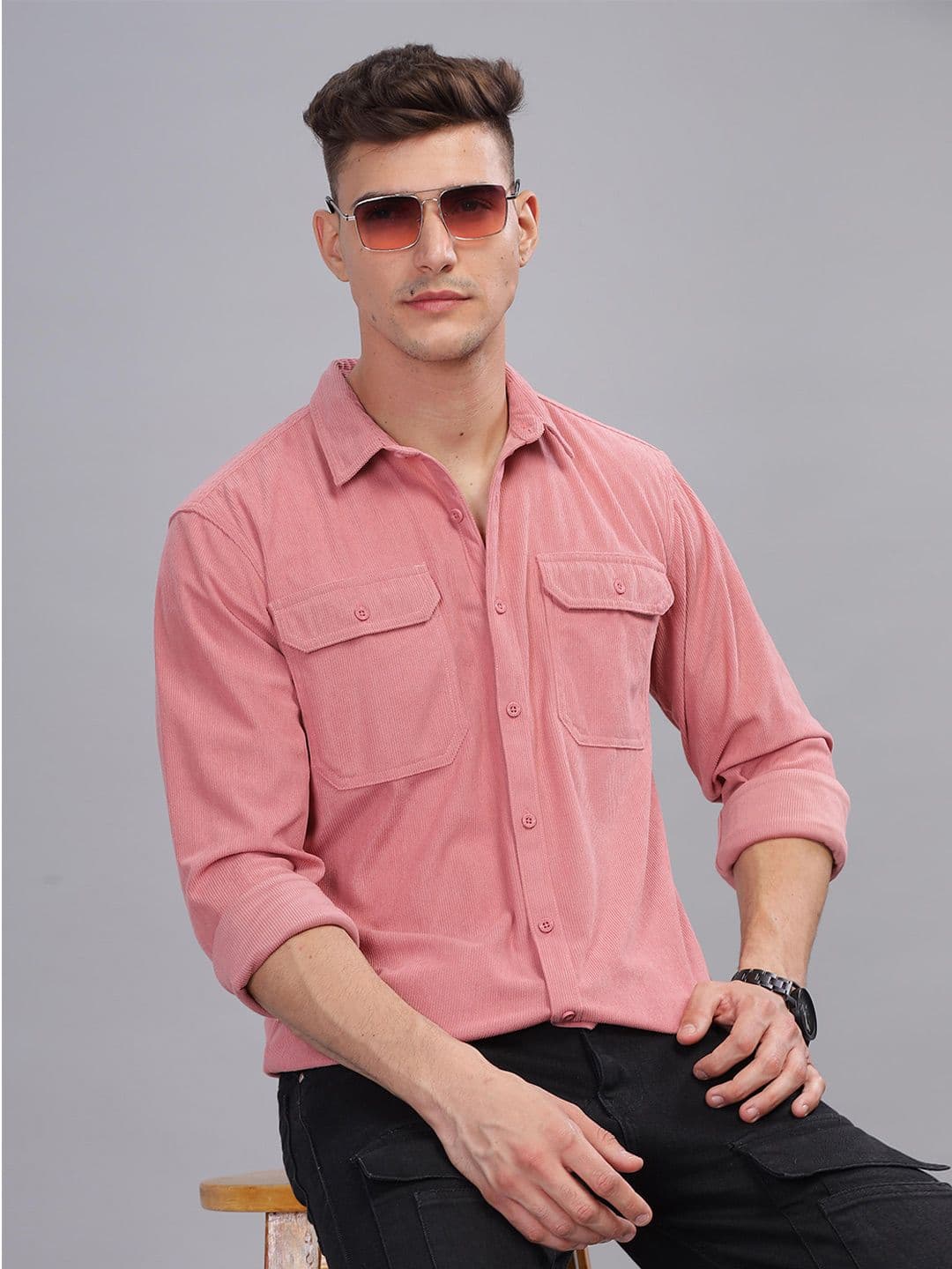 HERE&NOW Vertical Stripes Spread Collar Long Sleeves Corduroy Casual Shirt - view 1