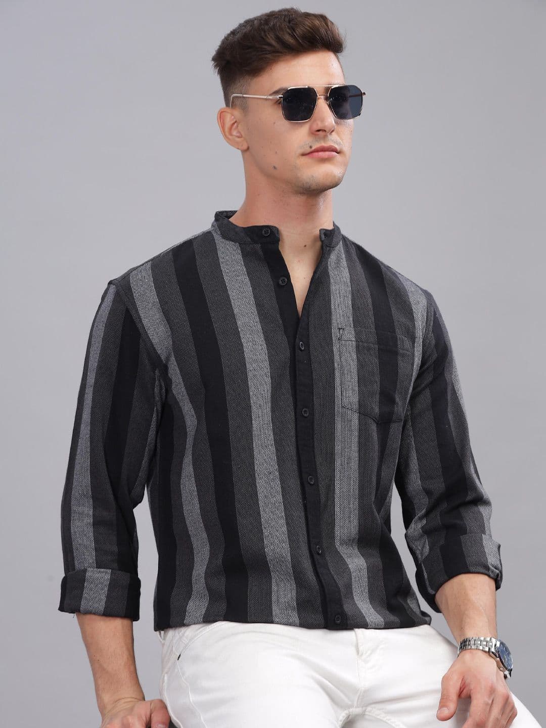 HERE&NOW Striped Mandarin Collar Casual Shirt - view 1