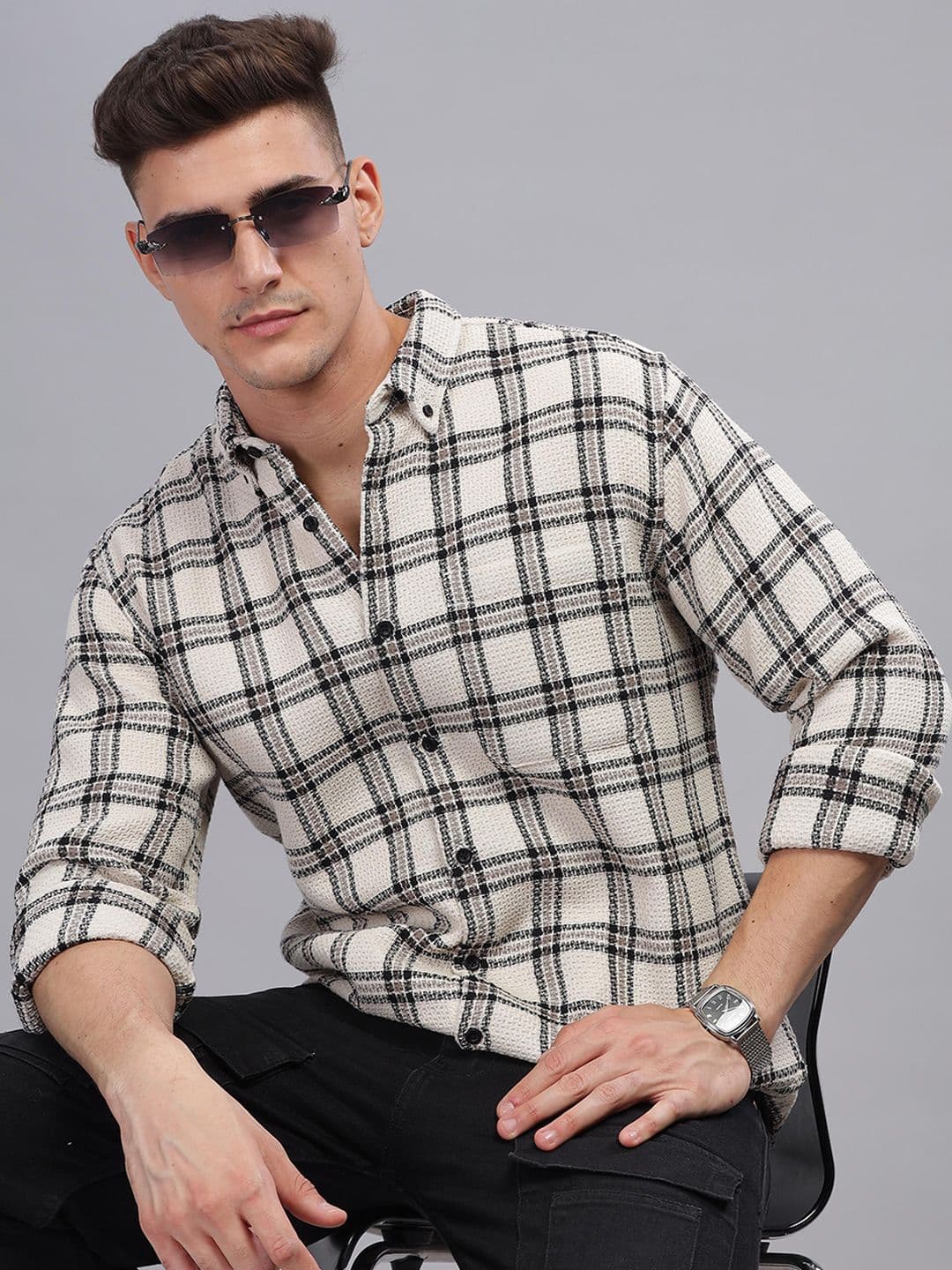 HERE&NOW Textured Tartan Checked Button-Down Collar Long Sleeves Casual Shirt - view 1