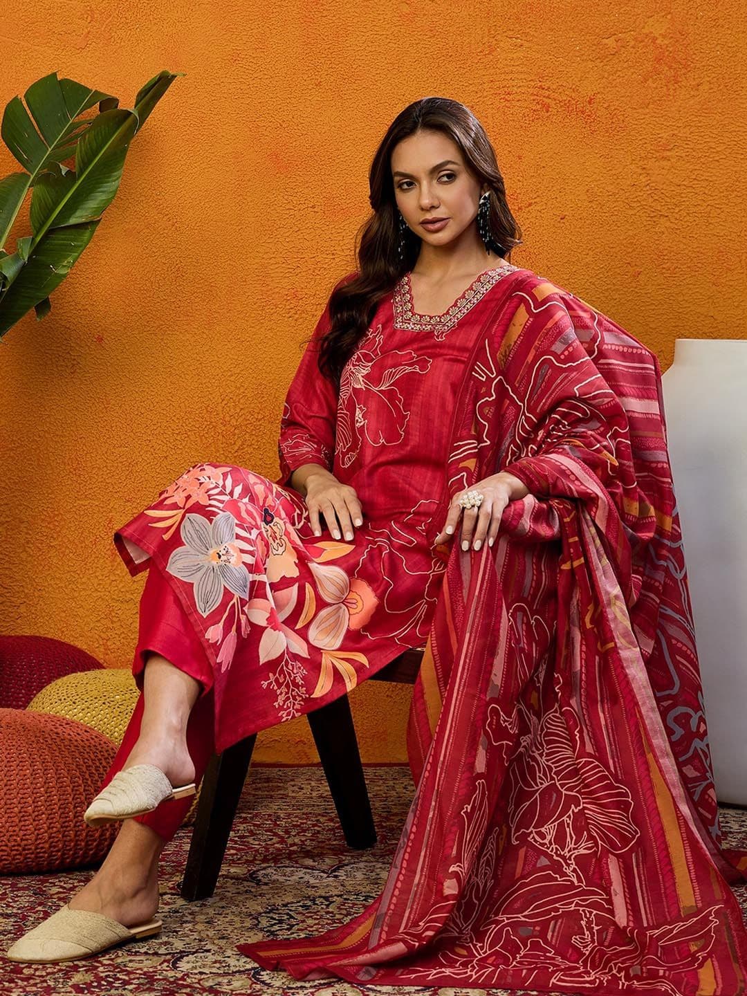 AHIKA Floral Printed Kurta & Trousers With Dupatta - view 1