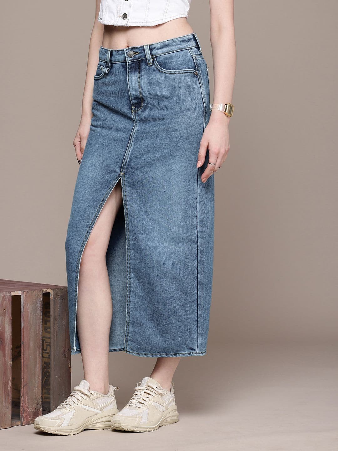 The Roadster Life Co. Women Denim High Slit Straight Maxi Skirt - view 1