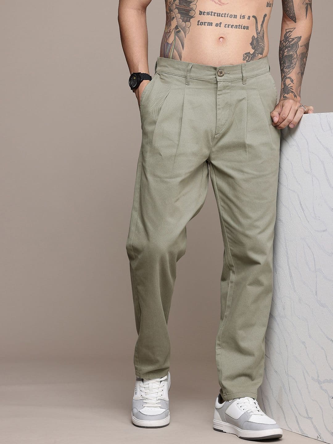 The Roadster Life Co. Men Pure Cotton Relaxed Pleated Chinos Trousers - view 1