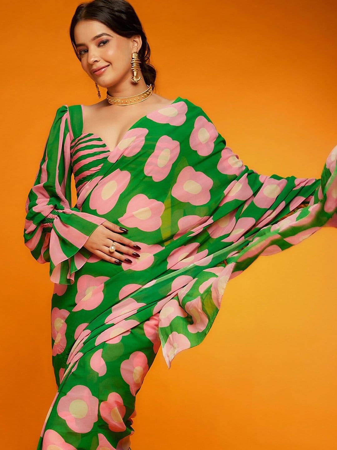 Sangria Floral Printed Satin Saree - view 1