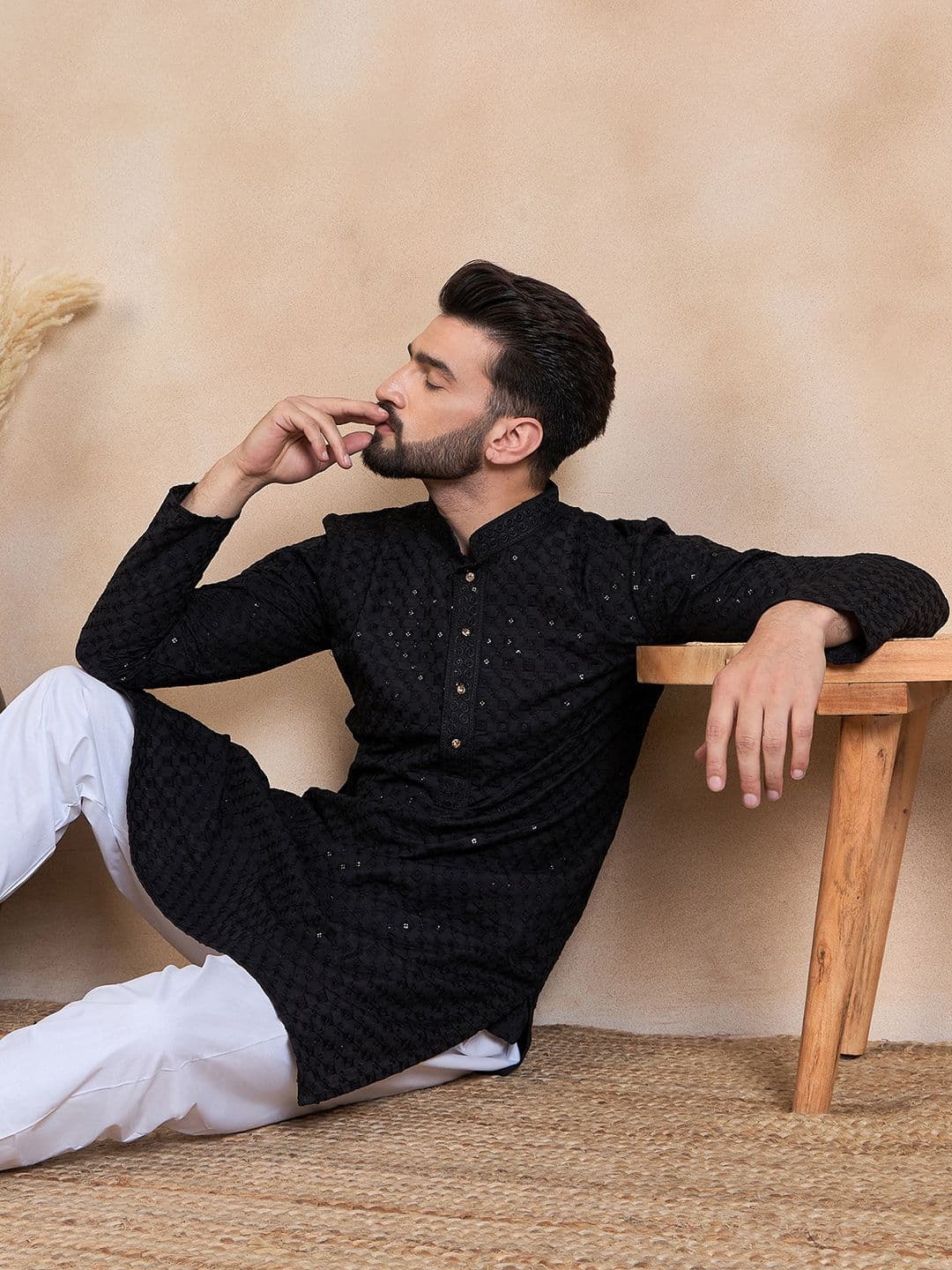 House of Pataudi Ethnic Motifs Embroidered Sequined Mandarin Collar Straight Kurta - view 1