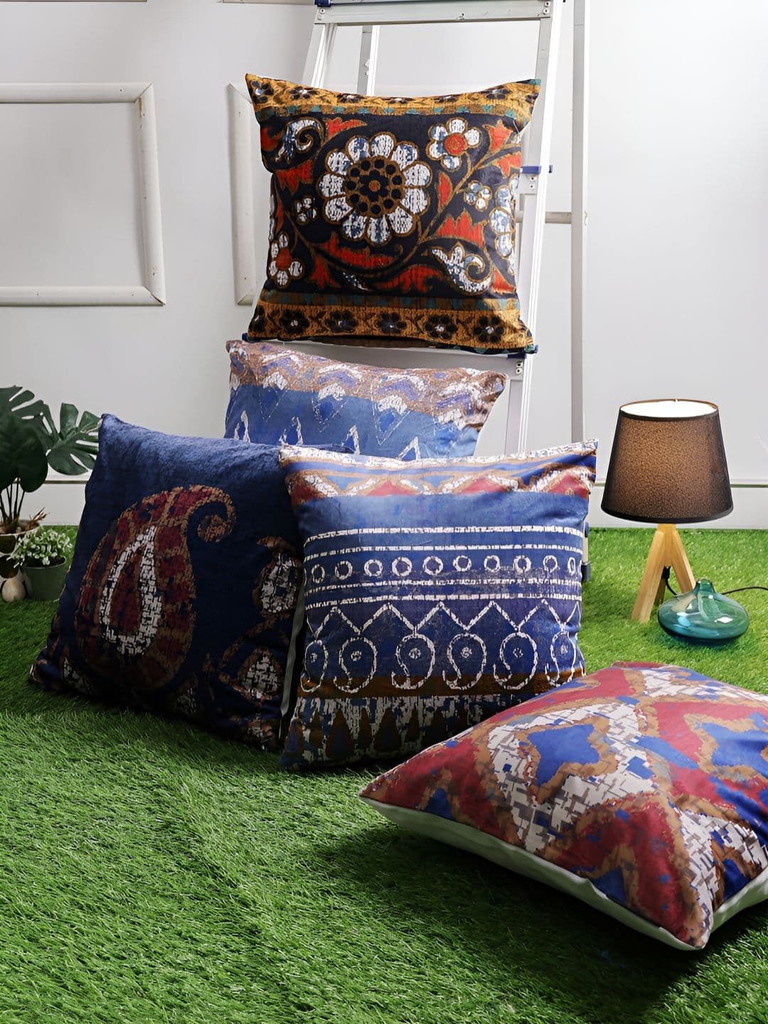 Aura Blue Ethnic Motifs Velvet Washable 5 Piece Square Cushion Covers -16x16In - view 1