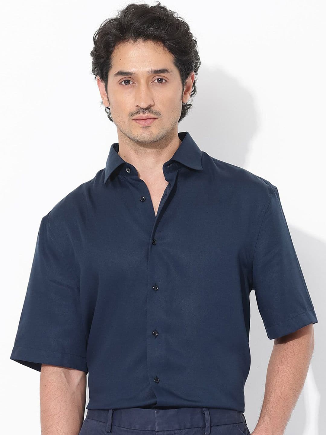 RARE RABBIT Mens Navy Boxy Fit Plain Casual Shirt - view 1