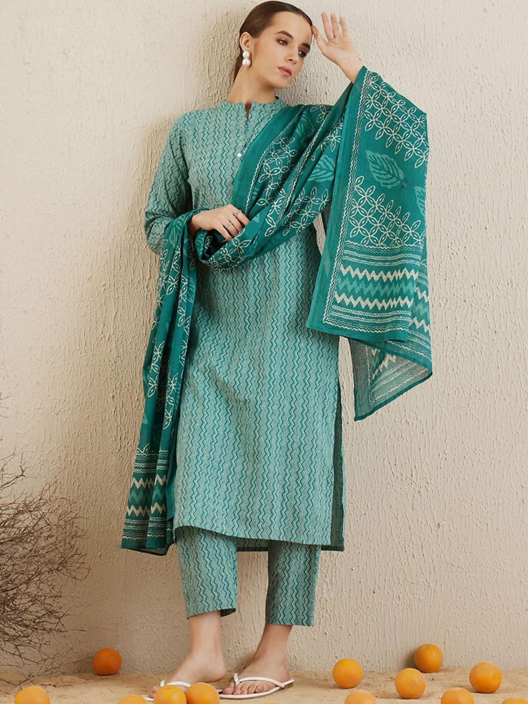 Indo Era Chevron Printed Mandarin Collar Pure Cotton Kurta with Trousers & With Dupatta - view 1