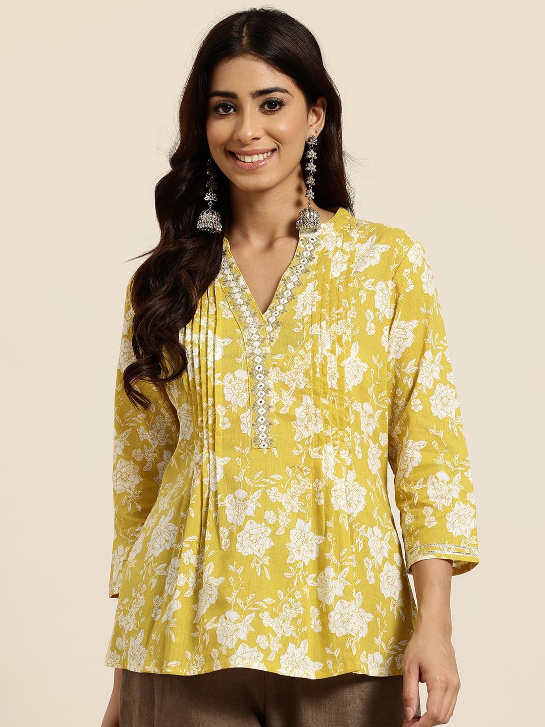 HERE&NOW Floral Printed Mirror Work Pure Cotton Mirror Work Pleated Kurti - view 1
