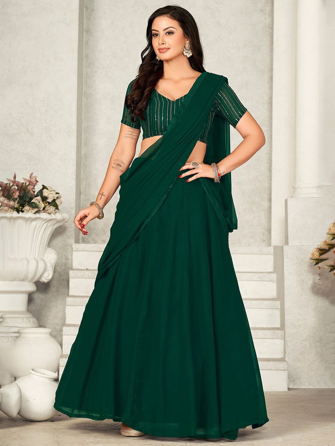 Warthy Ent Embroidered Sequinned Semi-Stitched Lehenga & Unstitched Blouse With Dupatta - view 1