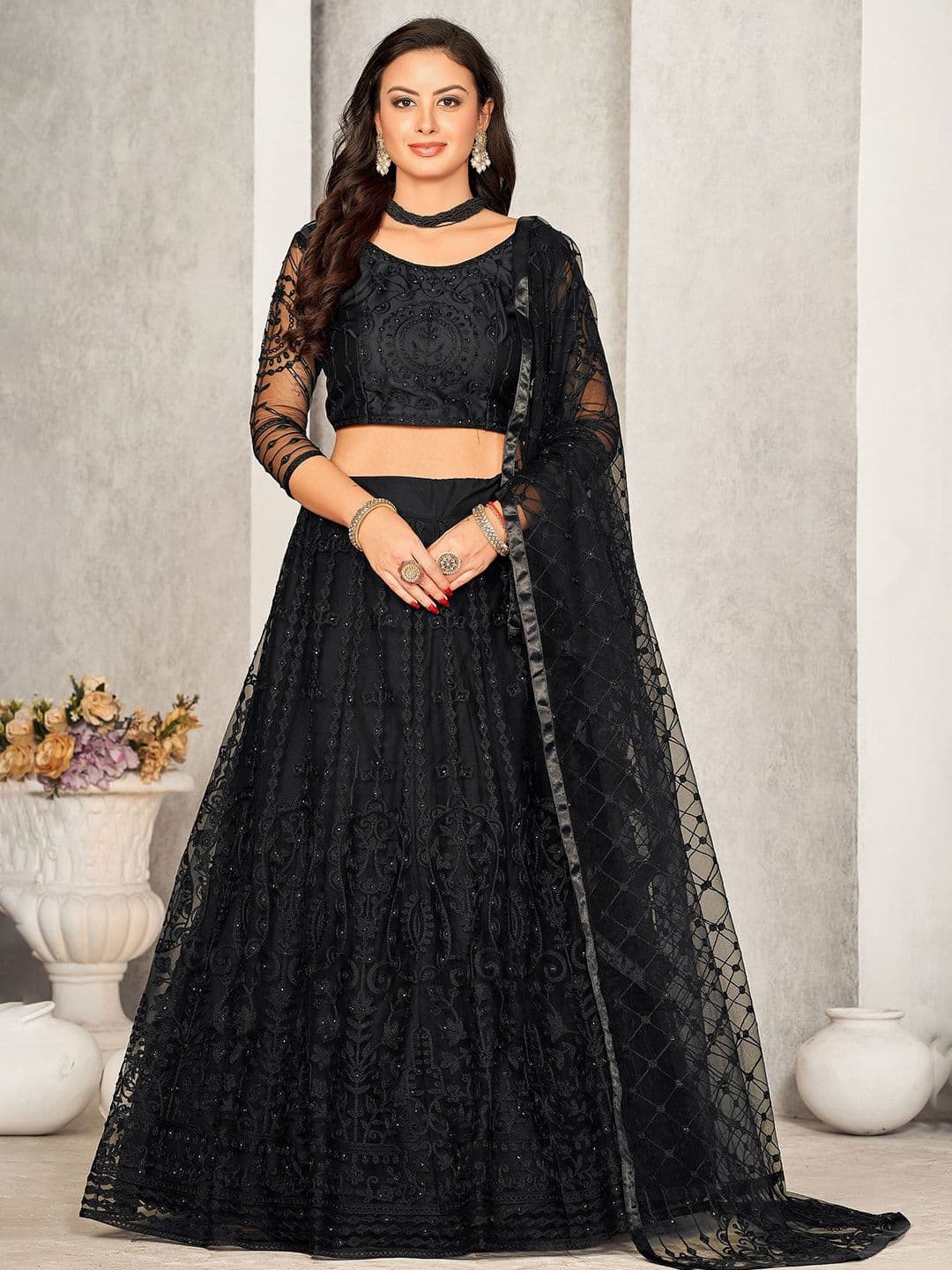 Warthy Ent Embroidered Net Semi-Stitched Lehenga & Unstitched Blouse With Dupatta - view 1