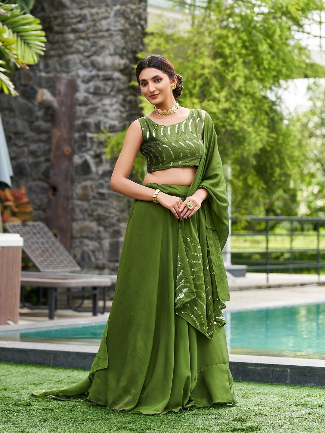 Warthy Ent Embroidered Sequinned Semi-Stitched Lehenga & Unstitched Blouse With Dupatta - view 1
