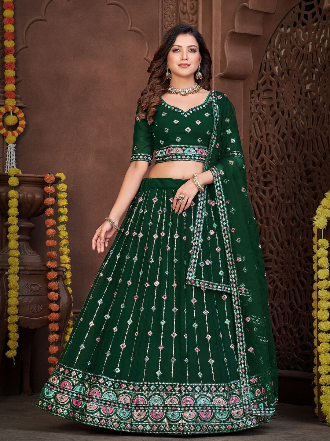Warthy Ent Embroidered Sequinned Semi-Stitched Lehenga & Unstitched Blouse With Dupatta - view 1